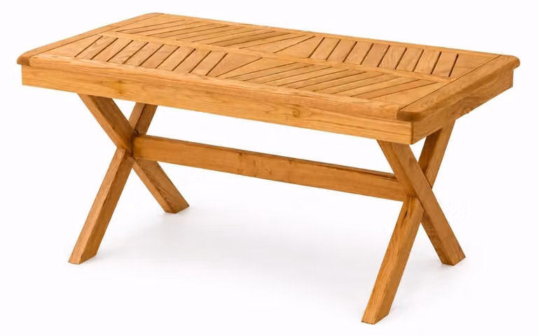 Tavolino da esterno moderno in legno naturale, elegante, rettangolare e robusto, ideale per la terrazza
