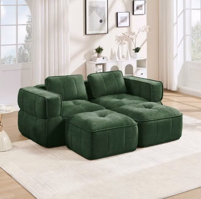 Divano modulare 198x162x67 cm in poliestere verde con seduta profonda e base antiscivolo