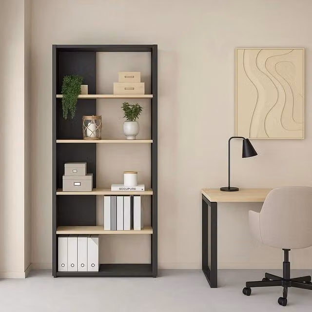 Libreria MuGuiying DMORA per ufficio e soggiorno, Mobile portalibri moderno in Rovere e Grigio, L 80 cm x P 34,4 cm x H 204,7 cm