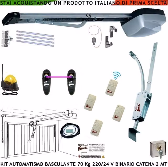 Kit Automatismo Securvera per Cancello Basculante fino a 70 Kg, Motore da Soffitto 220/24 V, Grigio, con 4 Radiocomandi, Antenna, Selettore e Catena in Acciaio da 3 Mt