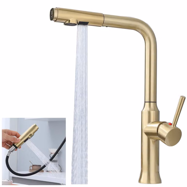 Miscelatore da cucina con doccetta estraibile, finitura oro opaco, tubo da 40 cm
