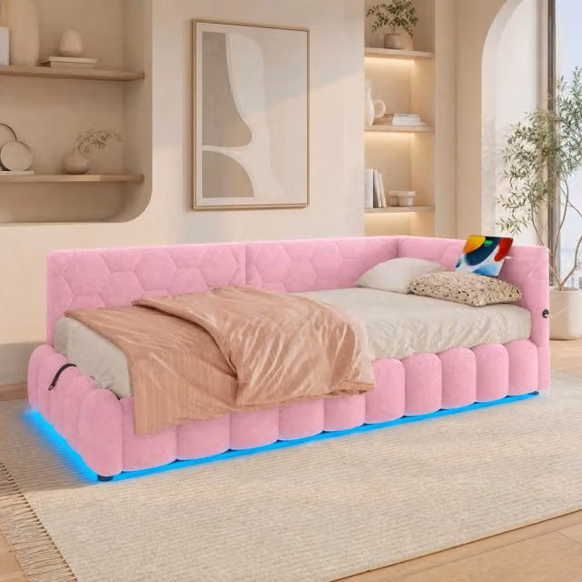 Letto REDOM Rosa con base contenitore a sollevamento, luce LED e porte USB e Type-C, L/P: 90 x 200 cm