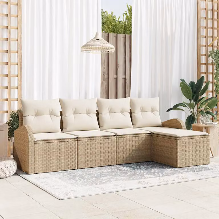 Set Divano da Giardino a L vidaXL Beige con Cuscini e Ottoman in Polyrattan e Metallo