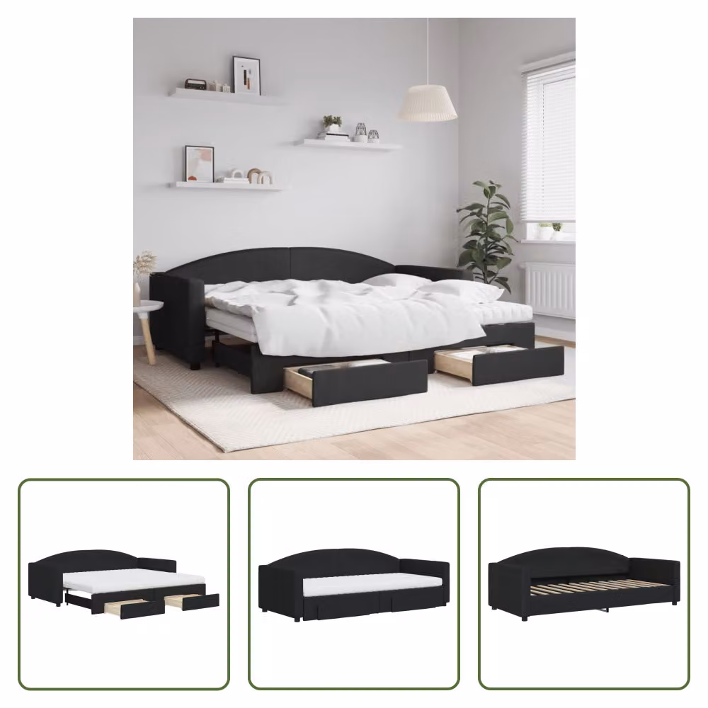 The Living Store Letto allungabile con cassetti nero 90x200 cm tessuto