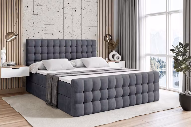 Letto boxspring ALTDECOR con materasso e rete a doghe - VIONE -Z - 140x200 cm - Velluto grigio scuro - Letto boxspring, pediera, topper, letto imbottito con contenitore, letto con vano portaoggetti H3 - Materasso, letto matrimoniale, letto boxspring