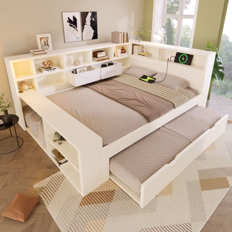 Divano letto Flieks con struttura in legno, dimensioni 140x190 cm, dotato di un letto estraibile di 90x190 cm. Letto giorno con funzione di contenitore, letto a una piazza trasformabile in letto a due piazze con spazio contenitivo, colore bianco