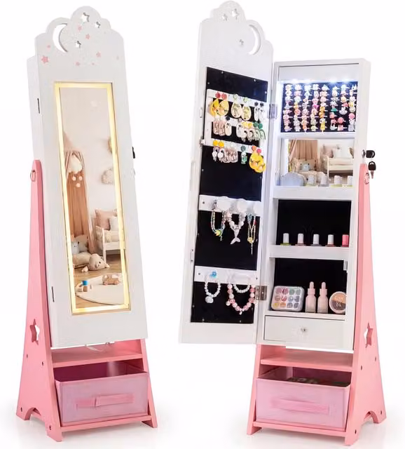 Mobiletto portagioielli Design Mania per bambini con specchio, luci LED e sensore, Bianco, H: 117.5 cm, L: 30.5 cm, P: 30.5 cm – 1