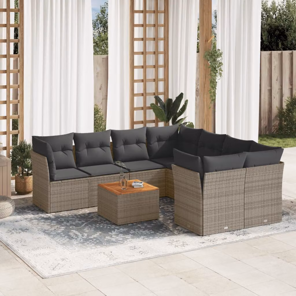 Set Divano da Giardino vidaXL 9 pz in Polyrattan Grigio con Cuscini e Tavolino da Esterno – 1
