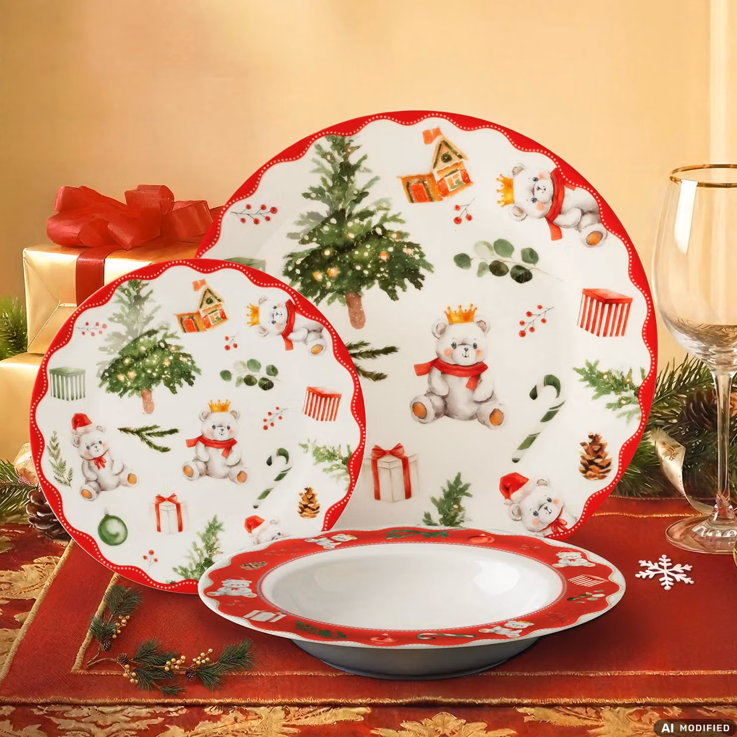 Servizio di piatti natalizio Tree Treasures Vestiamo Casa in porcellana, 12 pezzi, rosso, verde e bianco – 2