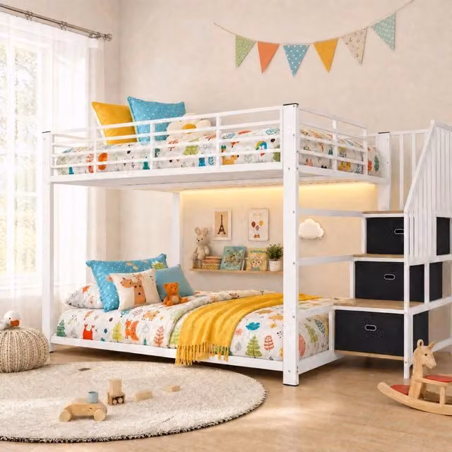 Letto a castello - 140 x 200 cm - Letto in metallo - Vano portaoggetti - Illuminazione a LED - Presa elettrica - Letto per bambini - Bianco