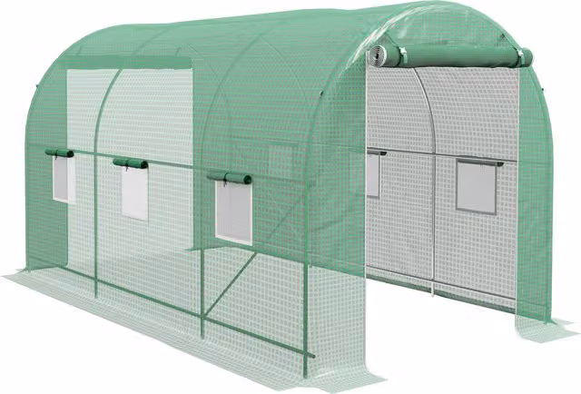 Serra da Giardino a Tunnel Outsunny da 8 m2, L/P/H: 4 x 2 x 2,05 m, Verde con Telaio in Acciaio e 6 Finestre Avvolgibili – 1