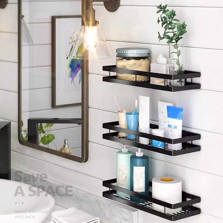 Porta erbe senza trapano - Scaffale da parete in metallo nero per un design moderno in cucina, bagno e balcone