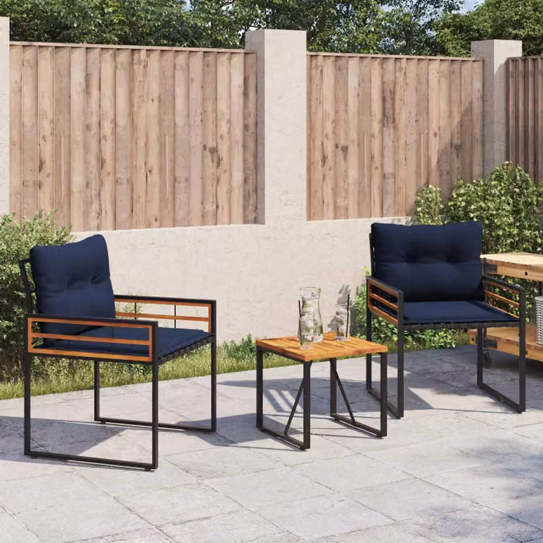 Set di mobili da esterno vidaXL composto da 3 pezzi con poltrona lounge, tavolino da caffè e cuscini, in acciaio verniciato a polvere e legno di acacia, colore blu e nero