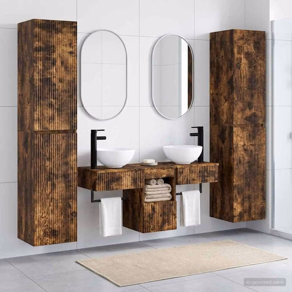 Set di mobili per il bagno moderno vidaXL in 5 pezzi color rovere fumo con vanità e pensili, L/P/H: 33 x 34,5 x 160 cm