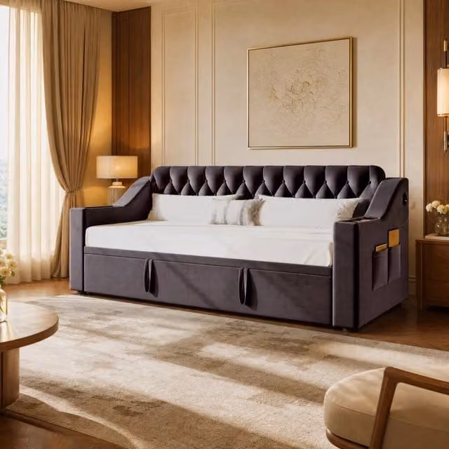 Divano letto imbottito ULEVR 90x190 cm, estensibile a 180x190 cm, grigio, con contenitori, USB e rete a doghe