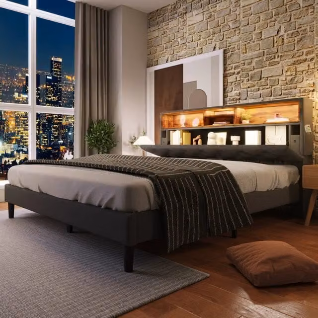 Letto imbottito matrimoniale con testiera contenitore e LED, struttura con rete a doghe in legno, 140x200 cm, grigio (senza materasso)