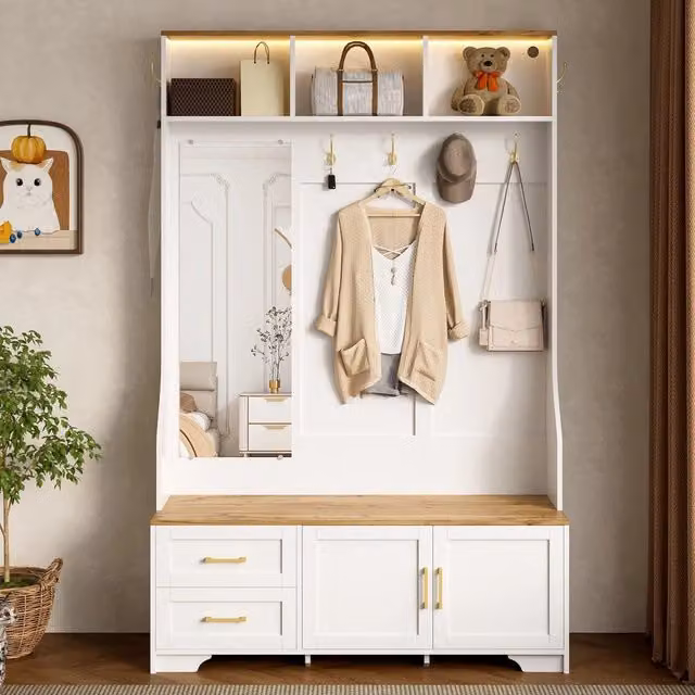 Mobile ingresso scarpiera con specchio ganci cassetti seduta ¨C Minimal ¨C bianco rovere multistrato 80x35x180 cm