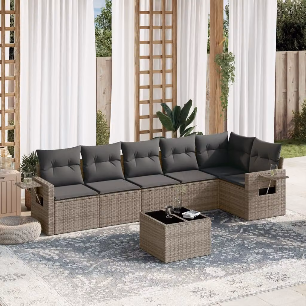 Set di divani da giardino vidaXL in polyrattan grigio con cuscini e tavolino da esterno a forma di L – 1
