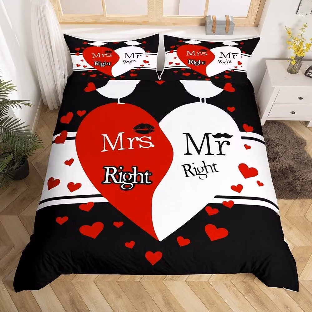Solidchoice - Set di lenzuola con copripiumino romantico per coppie, nei colori rosso e nero