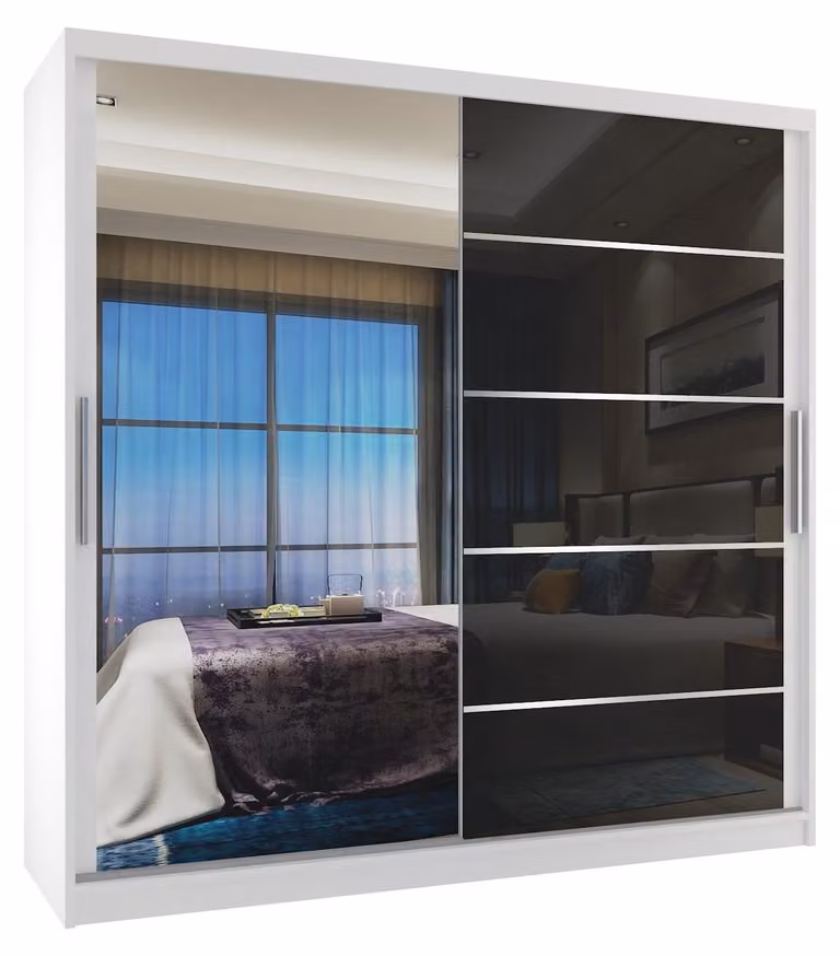 BELINI Verona, armadio scorrevole da 200 cm, bianco/nero lucido - armadio con specchio e 2 cassetti, ideale per la camera da letto