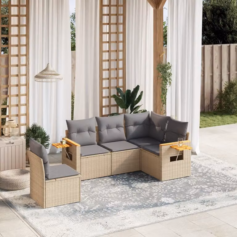 vidaXL Set Divano da Giardino a L 5 pz in Polyrattan con Cuscini Beige e Tavolino