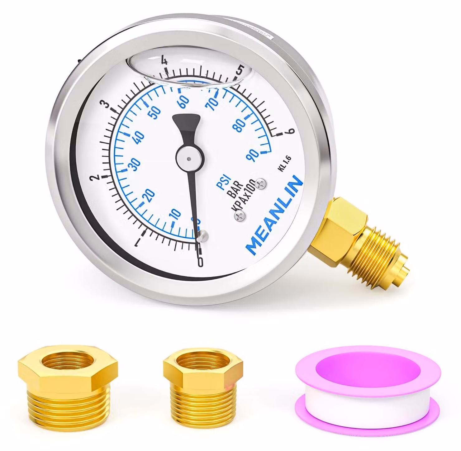 Manometro 0-6 bar/90 PSI, acciaio inossidabile, attacco 1/4" BSP, quadrante da 2,5", riempito di liquido