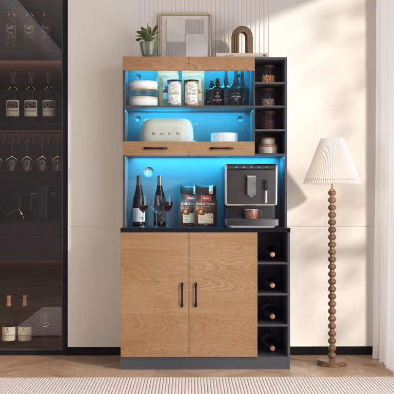 Flieks mobili alti da cucina buffet con LED, mobili da cucina a buffet con vani a giorno, mobile buffet cucina alto, finitura naturale