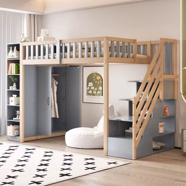 Letto a soppalco multifunzione MINIMAL per bambini in legno massiccio con armadio, scaffali e scala, Grigio e Marrone, L/P/H: 200 x 90 x 173 cm