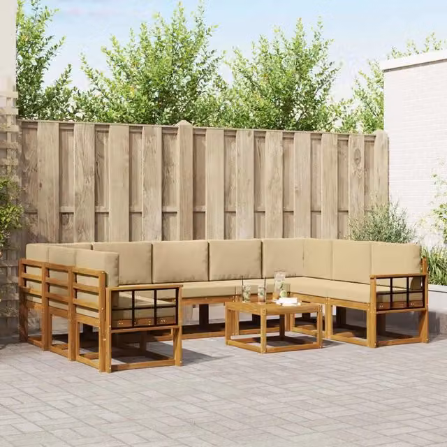 Set di 10 divani da esterno moderni vidaXL in legno di acacia con cuscini beige e marrone – 1