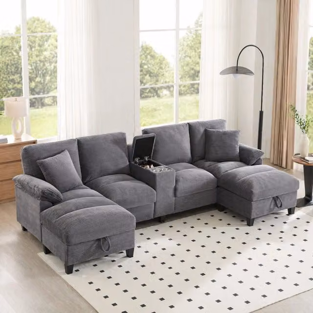 Divano modulare 293x142x93 cm a U con vani portaoggetti e porte USB in velluto a coste grigio