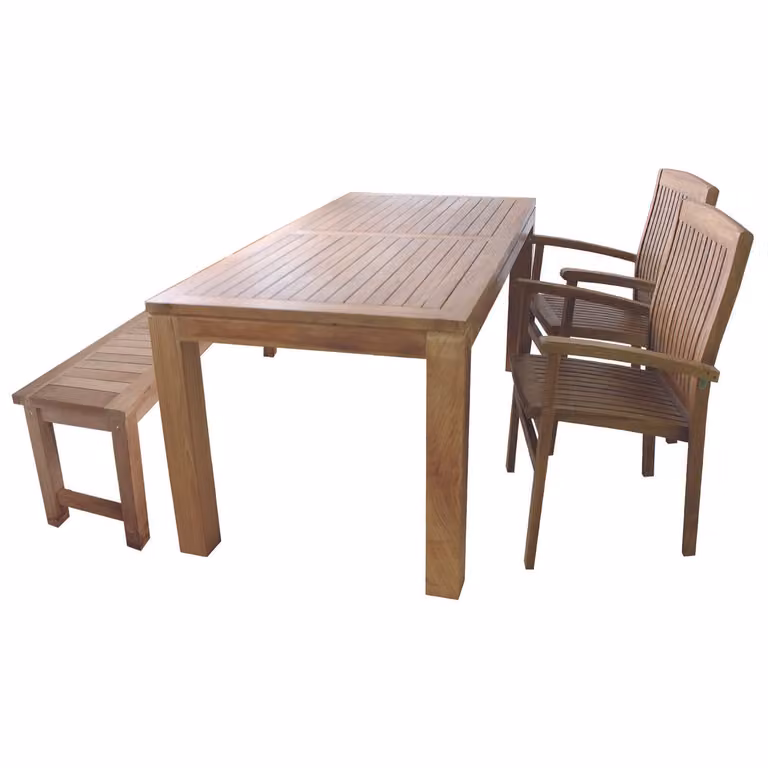 Set da giardino in teak 180x90x75 cm: tavolo + 2 poltrone + 1 panca in teak