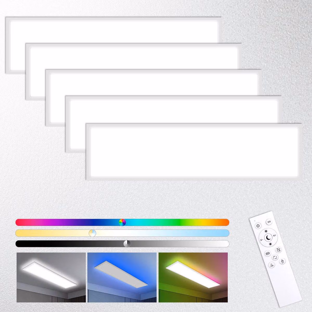 Pannello a LED RGB per soffitto - 5 pezzi da 30W - Alluminio bianco - Dimmerabile con telecomando - Ideale per soggiorno, camera da letto, cucina - Lampada a soffitto moderna