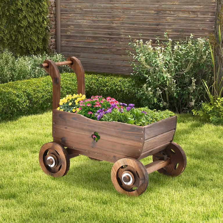 Carrello fioriera decorativo in legno Costway con ruote e maniglia, Marrone, L: 68,0 cm, P: 38,5 cm, H: 53,5 cm