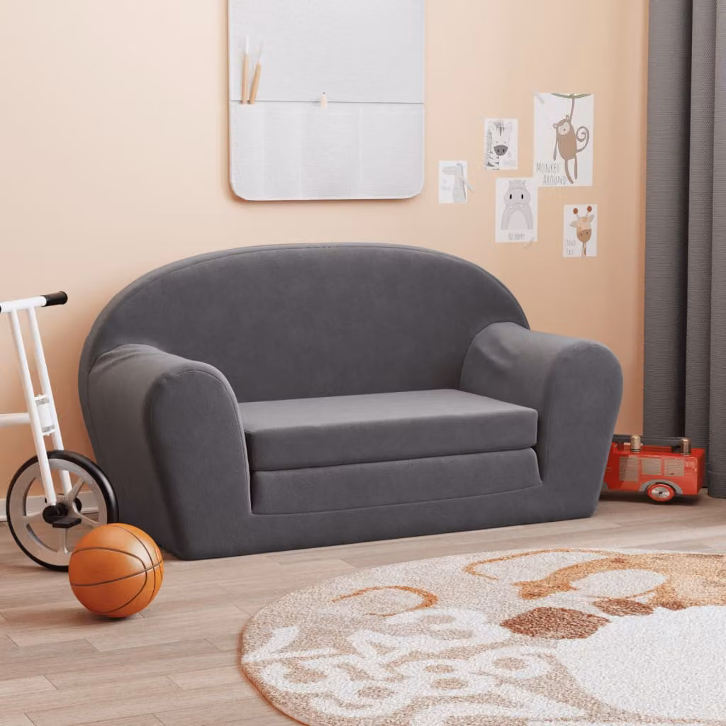vidaXL Divano Letto per Bambini a 2 Posti in Morbido Peluche, Colore Antracite, L: 140 cm, P: 70 cm, H: 45 cm