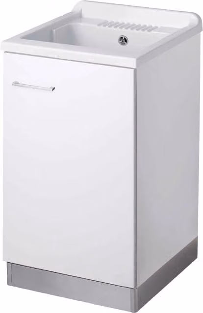 Mobile lavatoio in legno con anta e vasca in PP e asse in legno Bianco Lucido L: 45 cm, P: 50 cm, H: 85 cm