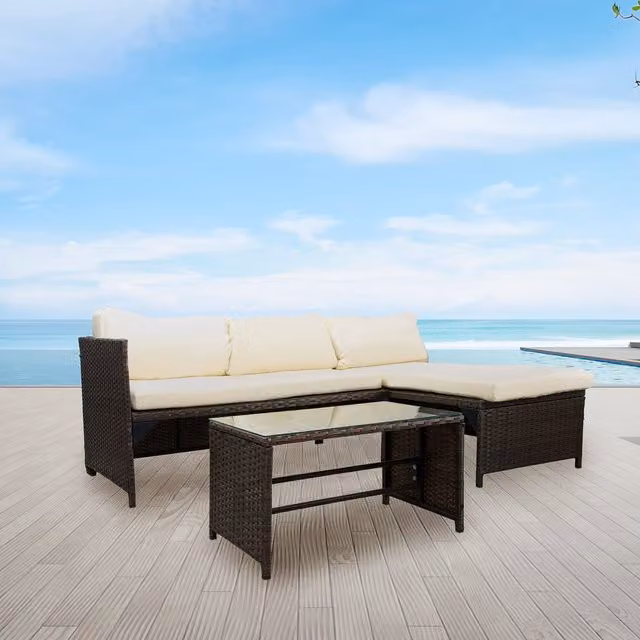 Set Divano Angolare Santorini Zendea in Polyrattan Beige e Marrone con Cuscini, Ottoman e Tavolino con Piano in Vetro per Giardino e Terrazza