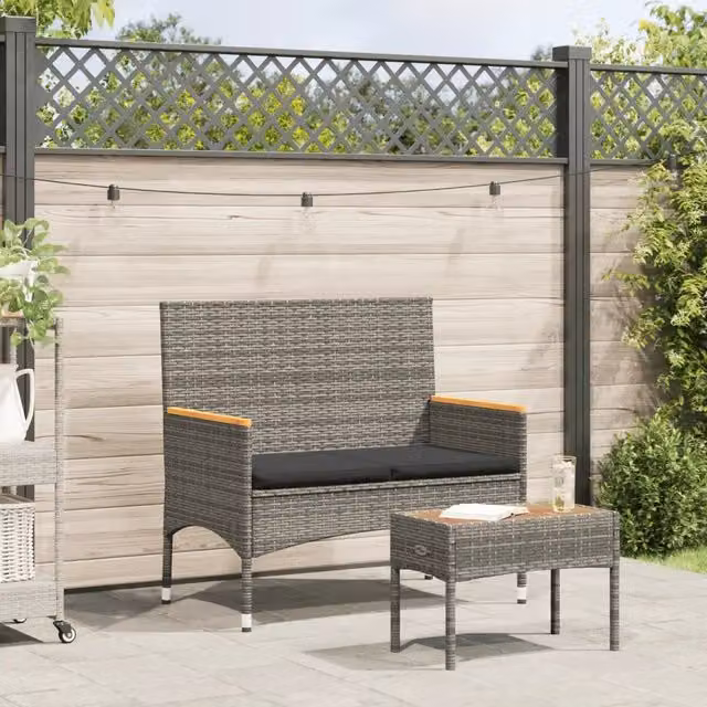 Panca da Giardino a 2 Posti-Sgabello-Panca da esterno Cuscini e Tavolo Grigia Polyrattan