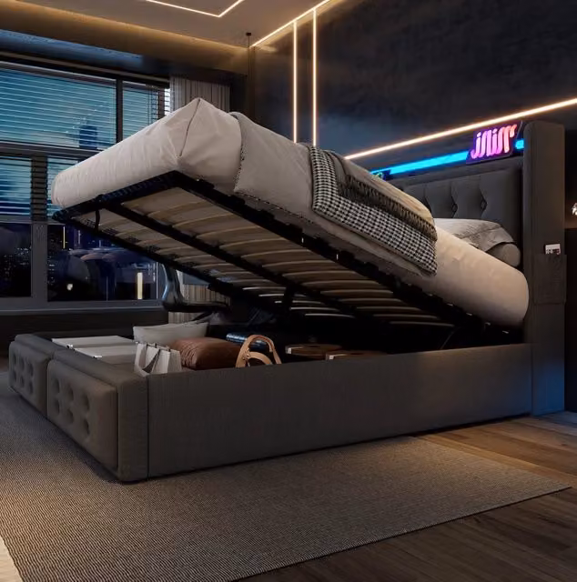 Letto imbottito 180x200 cm grigio con LED, presa USB-C e vano contenitore