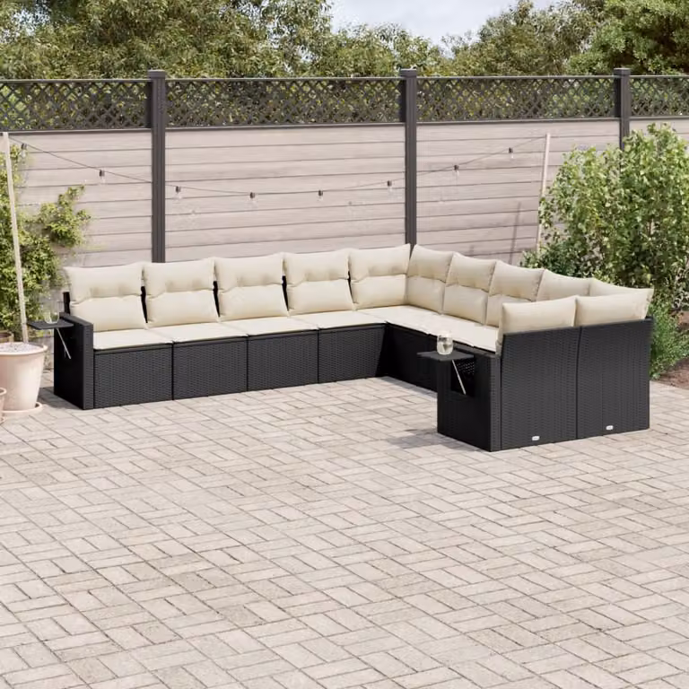 vidaXL Set Divani da Giardino a L con Polyrattan e Cuscini, 10 Pezzi, Nero e Bianco