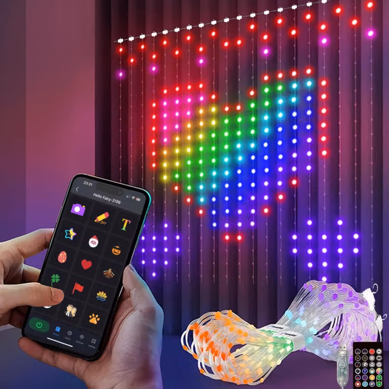 Luci a LED a cascata, dimensioni 2x2 metri, 400 LED, alimentazione USB, sincronizzazione con la musica, personalizzabili, multicolore