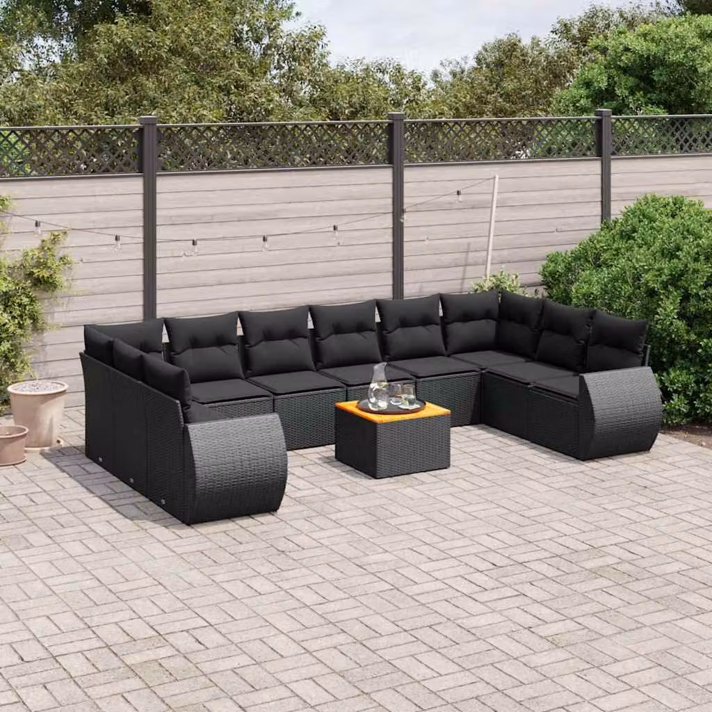 vidaXL Set Divani da Giardino 11 pz a Forma di L in Polyrattan Nero con Cuscini e Tavolino – 1