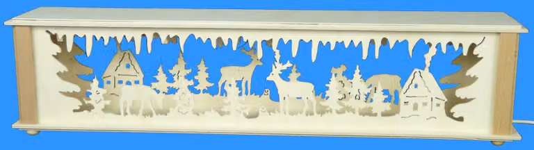 Alzata decorativa con animali della foresta, casa e illuminazione. Dimensioni: 52x10x10 cm. Nuova