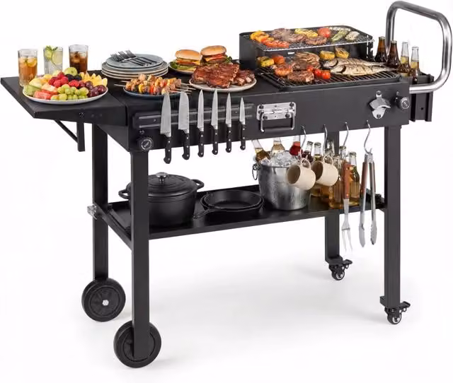 Carrello Barbecue Pieghevole da Esterno Tavolo per Griglia in Metallo Zincato con Ruote e Ripiani