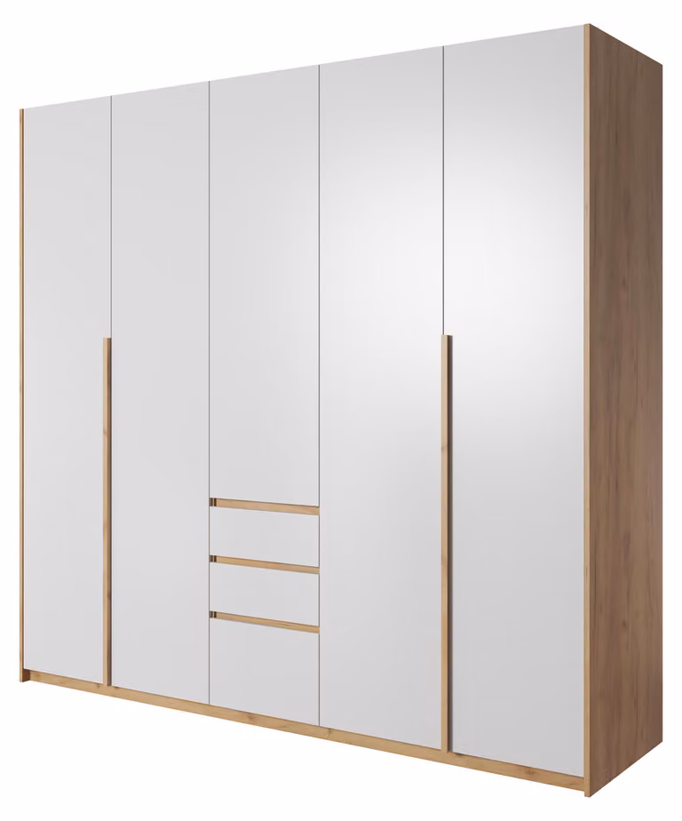 Armadio, bianco con finitura in noce dorata, dimensioni 225 x 213,5 x 60 cm