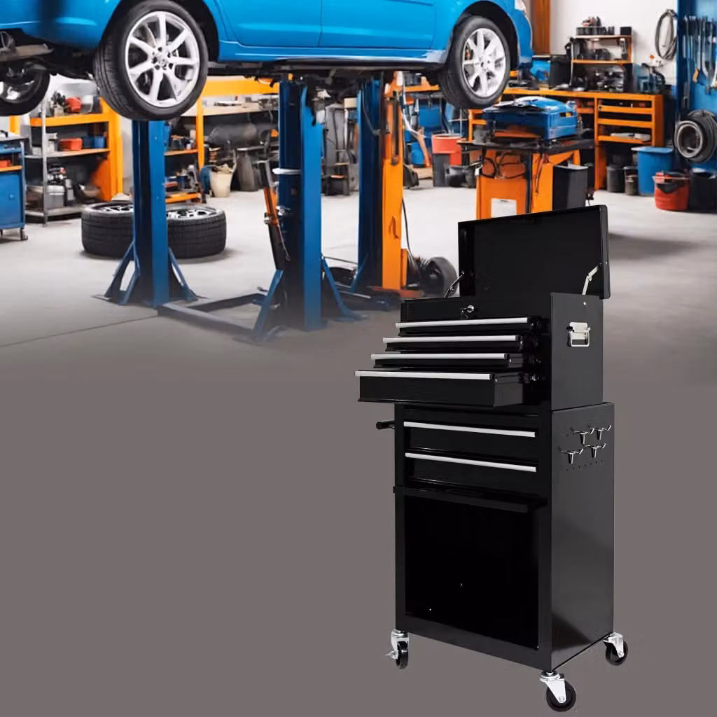 Mobile contenitore da officina in acciaio con 6 cassetti, ruote e chiusura di sicurezza, nero, H: 85,3 cm, L: 100 cm, P: 44,2 cm – 2