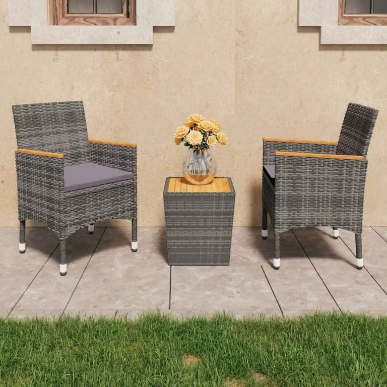 The Living Store Set bistrot 3 pezzi in rattan e legno d'acacia grigio