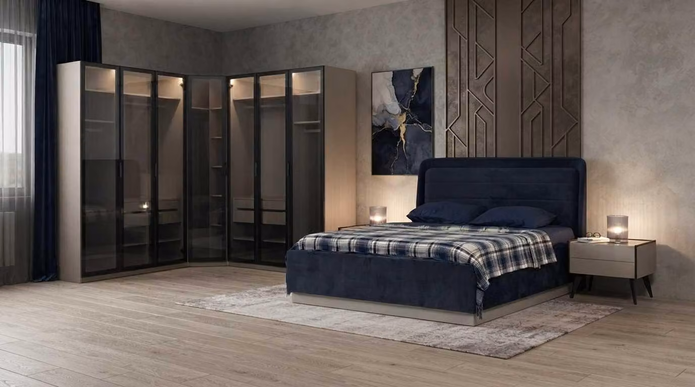 Set per camera da letto: letto, comodini, mobiletto angolare, design moderno, colore blu, vetro di alta qualità