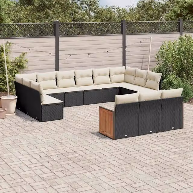 Set di divani da giardino vidaXL in polyrattan nero con cuscini bianchi a forma di U per esterno