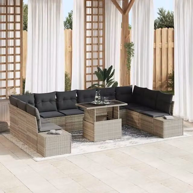 Set Divano da Giardino vidaXL in Polyrattan Grigio con Cuscini e Tavolino da Esterno a Forma di U composto da 11 pezzi – 1