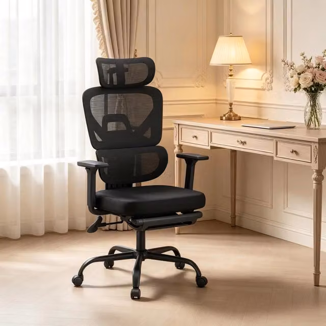 Sedia da ufficio ergonomica WISHDOR nera con poggiapiedi, braccioli e schienale in rete, girevole a 360 gradi